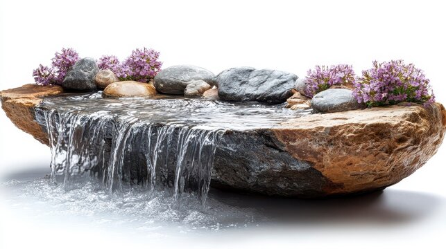 Mini-waterfall flows over rock, adorned with flowers. Soothing and peaceful