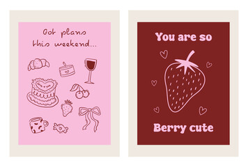 Set of hand drawn vintage posters in cute girly coquette style. Whimsical drawings of cake, berry and pastries. Dolce vita concept. Contemporary art vector illustrations