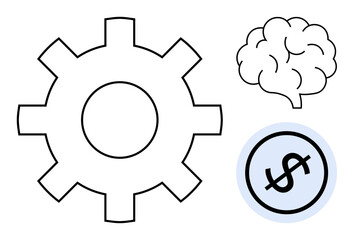 Gear, brain, and dollar symbol reflecting problem-solving, innovation, and financial growth. Ideal for business planning, creativity, technology education entrepreneurship finance strategy. Flat