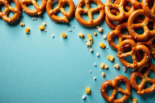 Overhead shot of scattered pretzels, salty snack , photography, light