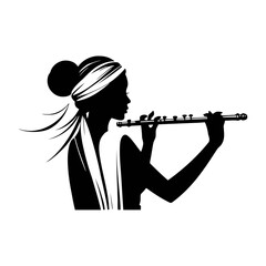 A black and white vector illustration of a seated woman elegantly playing the flute in a peaceful pose on a white background © Sumon