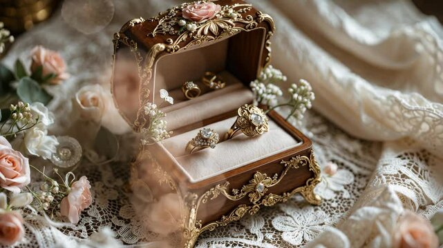 A wooden box adorned with floral decorations for wedding rings rests on a surface.