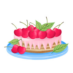 Cute cherry cake on a dish, pie with cream drips, sweet fruit dessert with mint, still life style png illustration.

