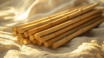 A stack of natural bamboo incense sticks with gently curled edges, arranged on a linen cloth with subtle folds, their