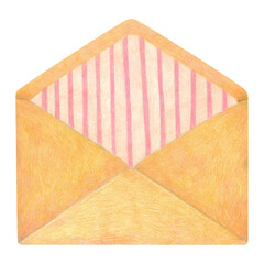 Opened craft paper envelope hand drawn illustration colored pencil texture isolated transparent background