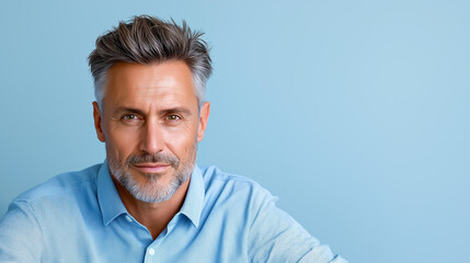Fototapeta premium Confident man with gray hair smiles against a light backdrop