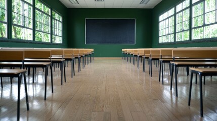Empty Classroom with Green Walls and Wooden Desks