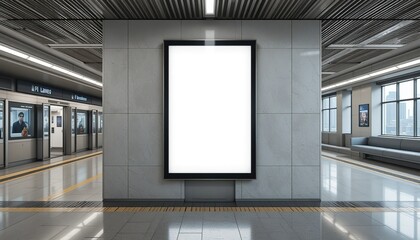 blank Vertical advertising billboard display in modern MRT station. Blank mockup for ads, marketing campaign. Empty digital screen for advertisement. Indoor OOH template, 8k Photo