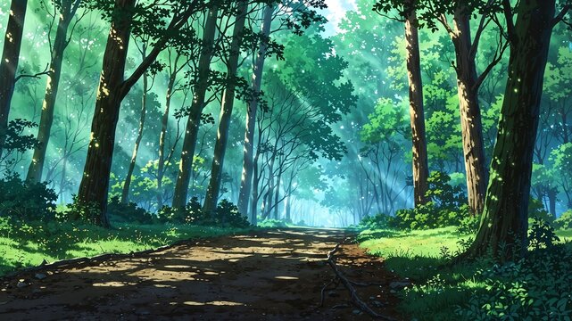 Anime Serene forest path with tall trees and glowing sunbeams through the canopy in calm, magical woodland setting