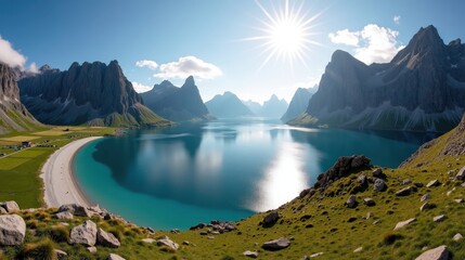 Dramatic Lofoten Islands with mountains and beaches under bright midday sun, captured from a panoramic viewpoint.
