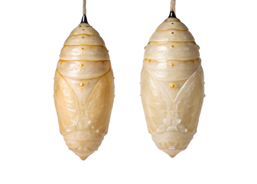 Two Pale Yellow Insect Pupae Hanging Vertically Against Gray Background Detailed Closeup View transparent background Generative AI