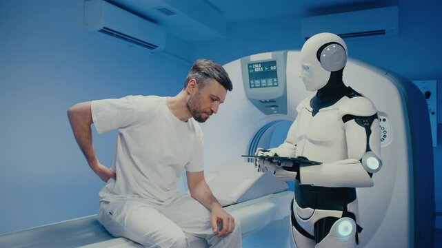 Worried Caucasian man touching lower back and describing pain while talking to futuristic robot. Advanced humanoid assistant analyzing symptoms and entering data on tablet before conducting scan.
