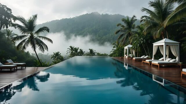 A breathtaking swimming pool set among the vibrant greenery. Calm waters mirror the splendor of the tropical landscape.