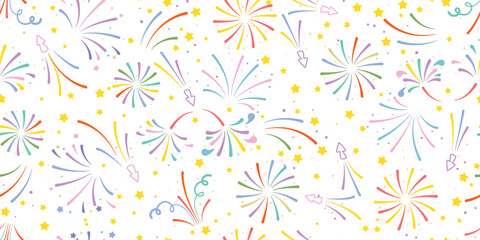 Naklejka premium Multicolored salutes, fireworks, poppers and confetti seamless pattern. Festive background with colorful tinsel. Colorful explosions firecracker print for textile, packaging, paper. Vector graphics