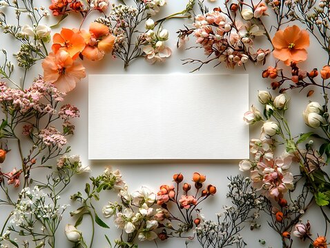 Delicate floral frame around a blank white card for engagement congratulations
