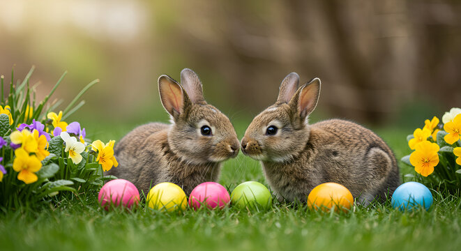 Conejito de Pascua en jard&iacute;n con flores de primavera &ndash; Concepto natural y alegre para temporada festiva