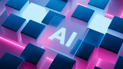 AI, artificial intelligence logo on abstract blue glass geometric rectangles background.