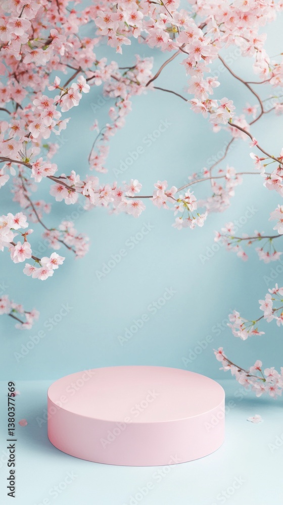 Poster soft pink cherry blossoms frame a delightful pastel blue background, emphasizing a smooth circular p