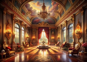 Obraz premium Luxurious Empty Palace Room: Panoramic Interior Design Stock Photo for Royal Themes