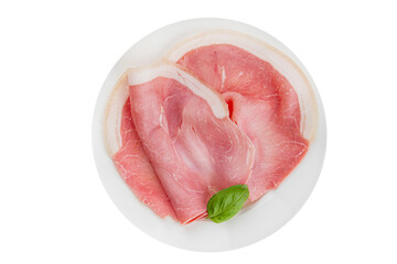 Ham slices pork meat tasty gourmet food background on the table rustic food top view copy space