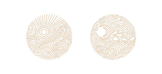 Moon, sun, cloud line. Abstract wave of sea, wind