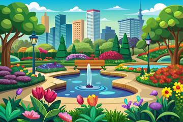 
vector of Urban park in full bloom with colorful flower beds and a tranquil pond
