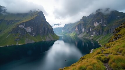 Cloudy Trollfjord in Norway, captured in a panoramic shot during mid-day.