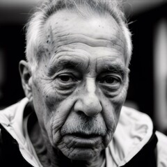 High-contrast black-and-white portrait of an elderly man with a somber expression