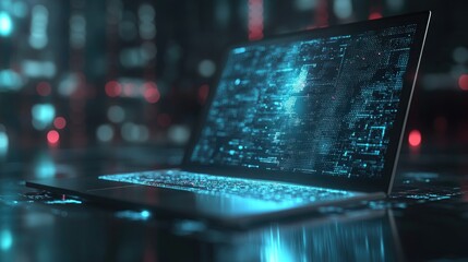 Futuristic 5G technology concept on a modern laptop background, rendered in 3D