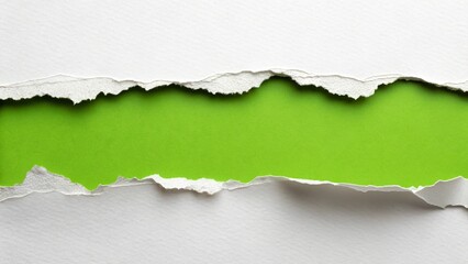 close-up photograph of torn white paper revealing a vibrant green background, green torn paper isolated on  background