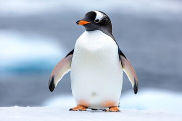 A penguin carefully preening its feathers with its beak, standing on a snowy iceberg
