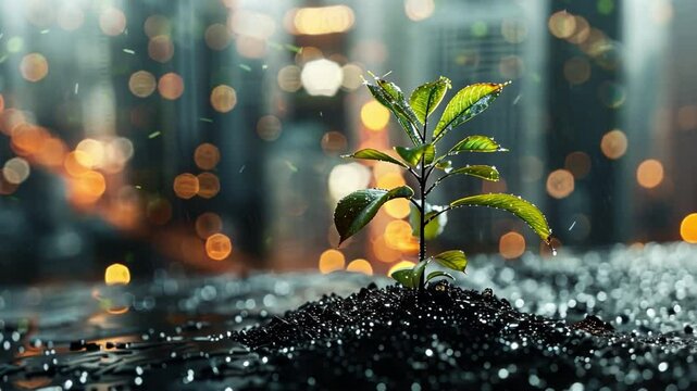 Urban Sprout: A resilient young plant thrives amidst the backdrop of a bustling cityscape. symbolizing growth, renewal, and the indomitable spirit of life.