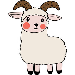Farm theme, Cute cartoon goat with fluffy body and curved horns, featuring rosy cheeks and a friendly expression.