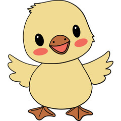 Farm theme, A cute, cartoon-style yellow duckling with a cheerful expression and outstretched wings.