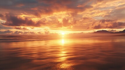 Obraz premium A beautiful sunrise over the ocean, with gentle waves lapping at an empty beach and a clear sky adorned by fluffy clouds