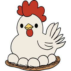 Farm theme, Cute cartoon chicken sitting on eggs in a nest, showcasing a whimsical farm scene.