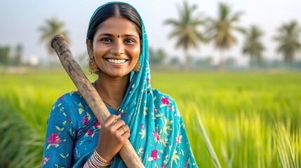 Smiling woman farmer in traditional sari holding rake in tropical field