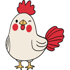Farm theme, Cute cartoon chicken with a red comb and tail, smiling cheerfully.