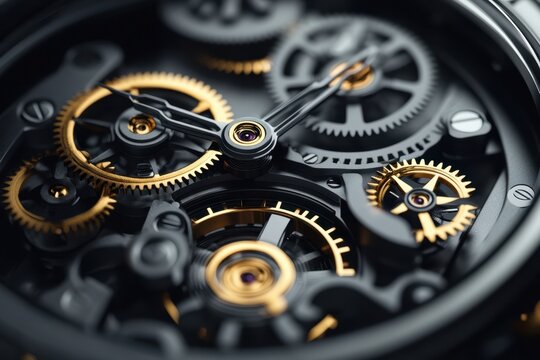 Intricate mechanics of a gold and black watch during close-up inspection