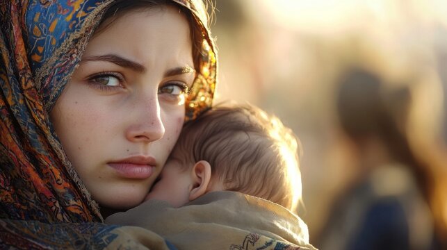 Refugee Woman Holding Her Baby