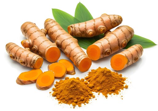 Fresh Turmeric Roots and Powder, Curcuma Longa, Herbal Spice, Anti-inflammatory, Cooking Ingredient.