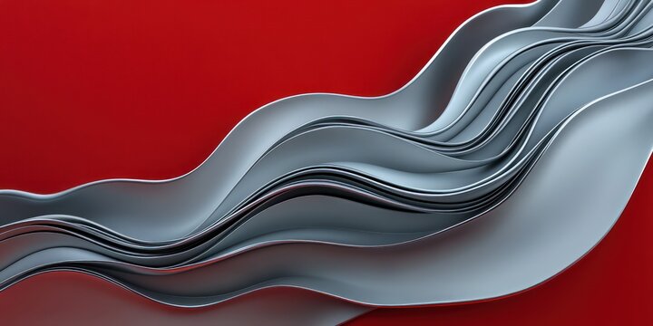 A 3D render with varying shades of grey and silver waves flowing in soft curves, set against a deep red background