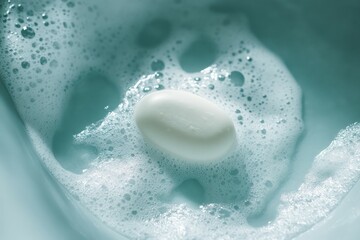 Soap bar floating on foamy surface in teal light. Neural network AI generated