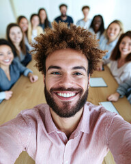 Fototapeta premium A diverse group of people smiling together in a casual meeting setting.