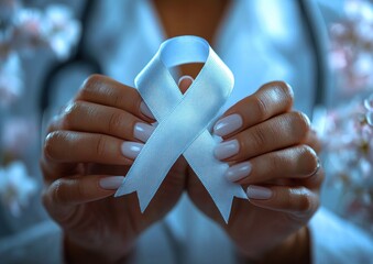 Light Blue Ribbon for Prostate Cancer Awareness Men's Health Care Support by Doctor in Lab