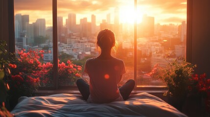 Serene morning relaxation woman stretching in bed enjoying city view sunlight in minimalist modern hotel room lifestyle balance wellness
