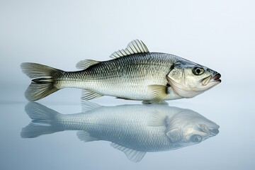 Fototapeta premium A silvery fish with dark scales is presented with reflection