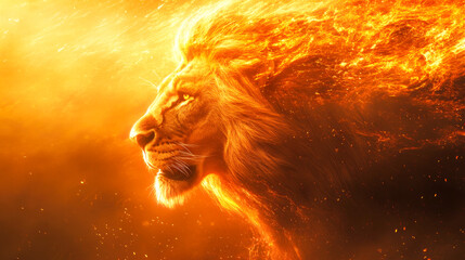 Majestic lion head profile with fire mane digital art for animal lovers