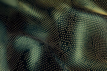 A black and gold halftone pattern on a dark green background, with the small dots forming a rhythmic, flowing design