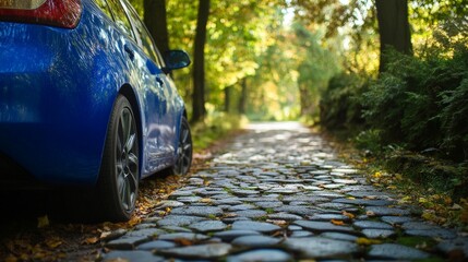Scenic Tree-Lined Road with Car on a Peaceful Countryside Drive